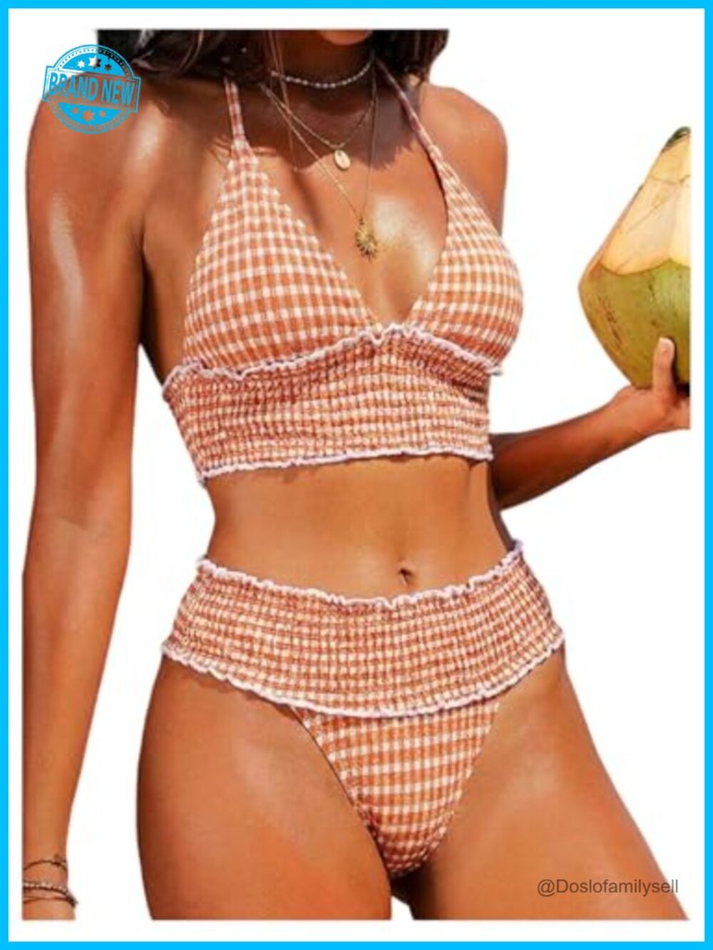 Women's Plaid Gingham Halter Bikini Set Smocked Triangle Two Piece